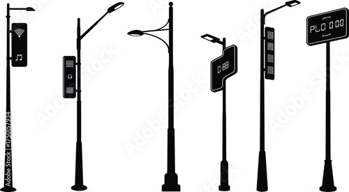 street, lamp, smart, digital, display, pole, silhouette, modern, technology, wifi, charging, urban, outdoor, city, architecture, design, vector, illustration, public, lighting, infrastructure