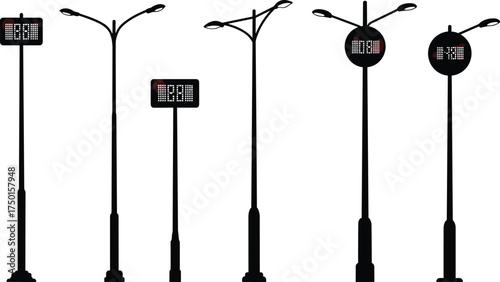 street, lamp, smart, digital, display, pole, silhouette, modern, technology, urban, outdoor, city, architecture, design, vector, illustration, public, lighting, infrastructure, signage, information