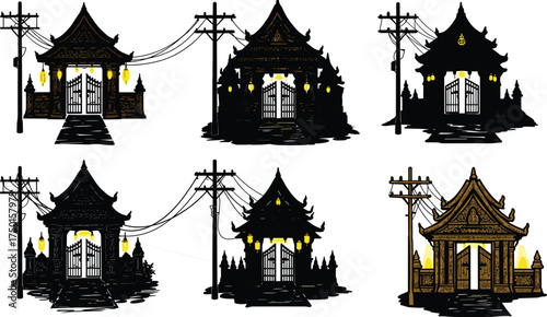 traditional, temple, pagoda, building, silhouette, architecture, cultural, heritage, ornate, lantern, utility