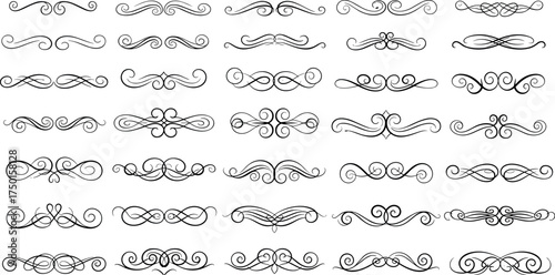 Elegant vintage vector scroll dividers and flourishes collection, perfect for decorative design elements, frames, borders, and ornamental accents in graphic design projects and invitations
