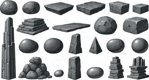 Collection of various stone shapes and textures, rendered in grayscale, for artistic reference and design inspiration