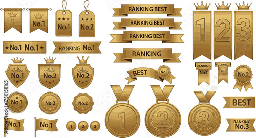Elegant gold ranking and award icon collection concept, showcasing victory medals, best choice ribbons, and champion crowns for achievement
