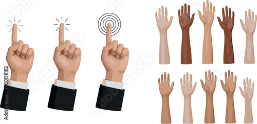 A diverse collection of vector human hands showing various gestures, including a business hand pointing and clicking, and multicultural hands raised in participation