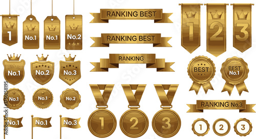 Ranking Badges and Medals Golden Vector Set for Achievement Recognition