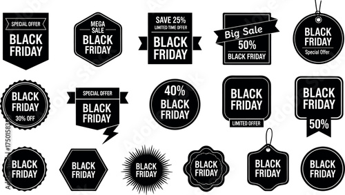 A diverse collection of black and white vector badges and labels, perfect for promoting significant discounts and special offers during major retail sales events such as Black Friday