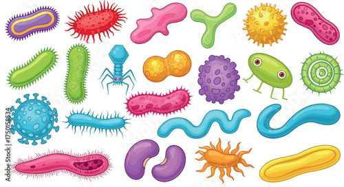 Diverse Collection of Colorful Microorganisms Bacteria, Viruses, and Germs in Vector Illustrations