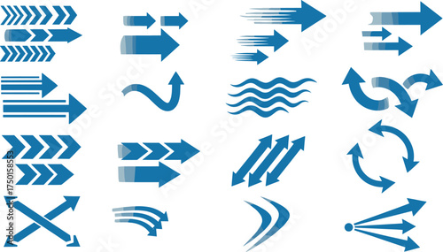 Set of Diverse Blue Arrow Icons and Symbols Representing Direction and Movement in Various Styles