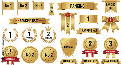 Set of golden ribbons, banners, and badges for ranking and achievement awards