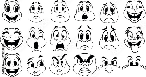 Collection of Diverse Cartoon Face Expressions Depicting Various Emotions and Moods