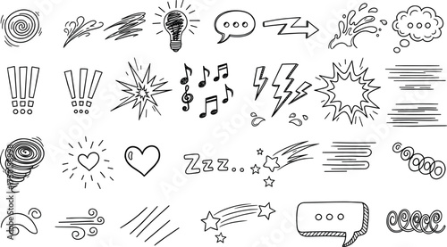 Hand-drawn doodle collection of comic book graphic elements, featuring speech bubbles, explosions, and idea lightbulbs on a white background