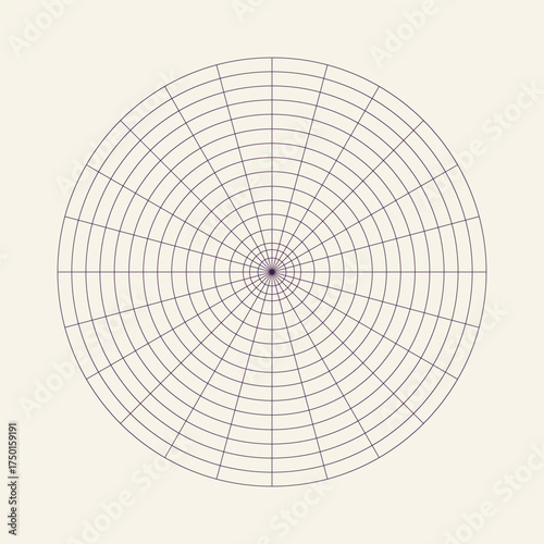 Polar coordinate circular grid isolated on white background. 360 degrees scale. Blank polar graph paper. Vector illustration. Mathematical graph. Lined blank on transparent background.
