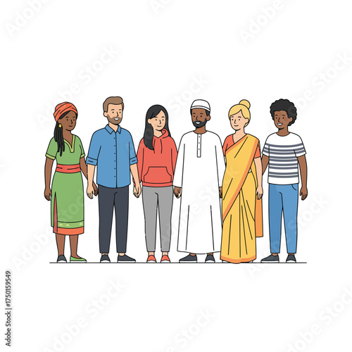 Diverse group of people standing together representing multiculturalism and unity vector illustration isolated on white background