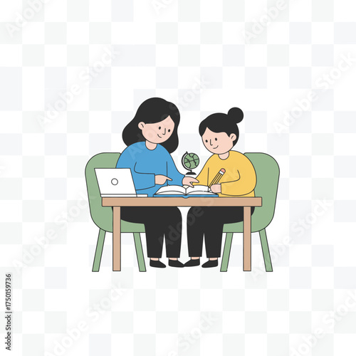 Illustration of a tutor helping a student with homework sitting at a desk with a laptop for education and learning concepts