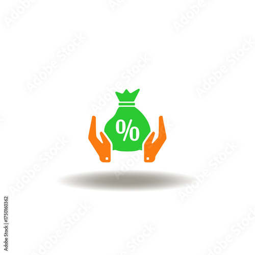 Vector illustration of hands palm hold of money bug with percent. Symbol of loan approval.