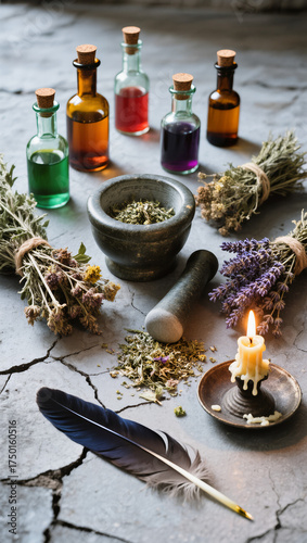 Halloween Flatlay Advertisement Cracked Stone Apothecary Bottles Dried Herbs Candle Magic Mystery
