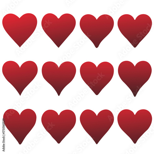 Collection of twelve vibrant red heart shapes arranged in three rows on a clean white background