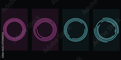 Four glowing neon abstract circular rings in purple and teal against a dark background
