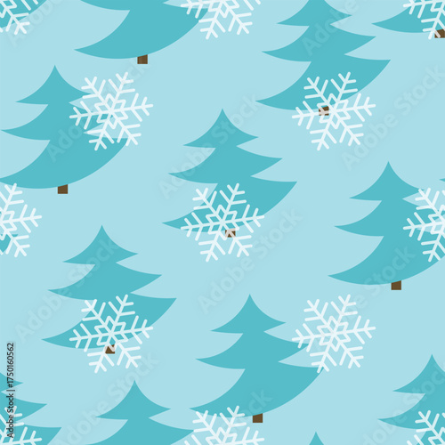 Winter seamless pattern with Christmas tree and snowflakes on color background. Vector illustration for fabric, textile wallpaper, posters, gift wrapping paper. Merry Christmas and New year Vector.