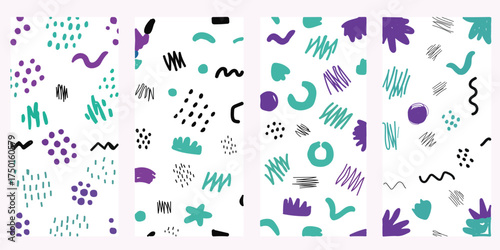 Abstract hand drawn doodles and shapes in purple teal and black on white background