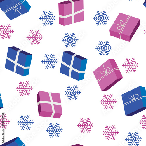 Seamless Christmas cozy winter New Year pattern with cute gifts, snowflakes on white background. Vector illustration. Design for print, invitation, poster, card, fabric, textile.