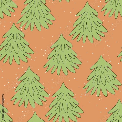 Winter seamless pattern with Christmas tree and snowflakes on color background. Vector illustration for fabric, textile wallpaper, posters, gift wrapping paper. Merry Christmas and New year Vector.