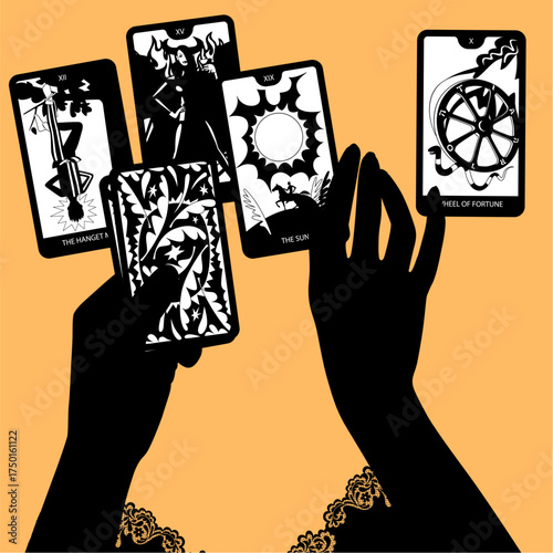 Black silhouettes of female hands laying out the Tarot playing cards. Vector illustration in vintage black and white cartoon minimalistic flat style.