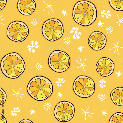Seamless Christmas cozy winter New Year pattern with cute oranges, lemons, plants and snawflakes on color background. Vector illustration. Design for print, invitation, poster, card, fabric, textile.