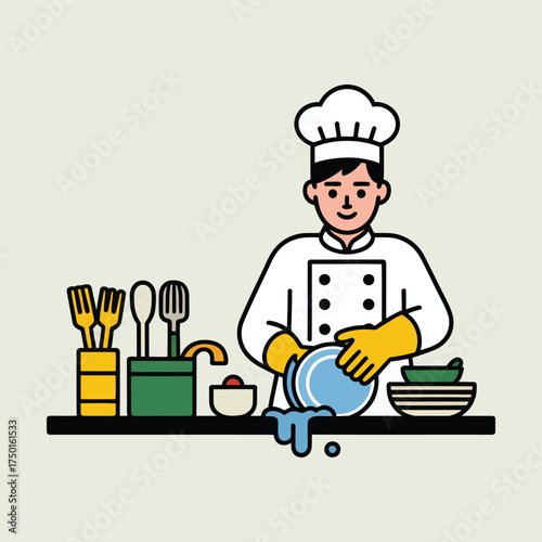 Chef washing dishes with yellow gloves and kitchen utensils on a counter cooking food preparation