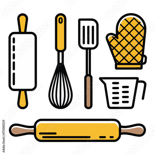 Collection of yellow and white baking utensils including two rolling pins a whisk a spatula a measuring cup and an oven mitt