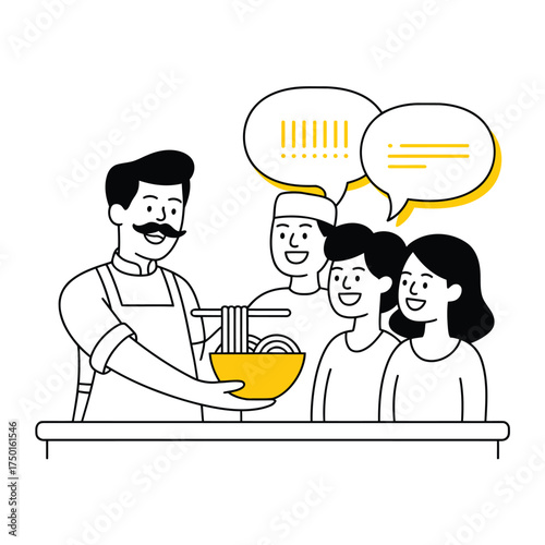 Chef with mustache serves noodles in yellow bowl to happy people with speech bubbles food serving