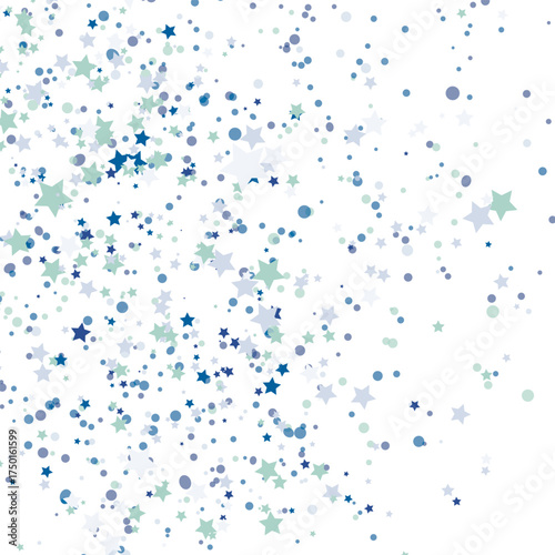 Stars blue glitter confetti isolated on blurred abstract white background. Festive holiday background. Celebration concept. Falling magic gold particles. Invitation mock up. Top view, flat lay.