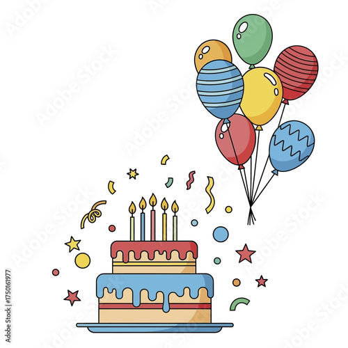 Birthday Celebration Cake with Balloons and Confetti.