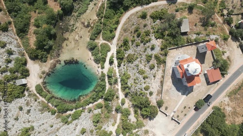 Aerial top view of the Cetina river source located on the slopes of Dinara mountain in Croatia.
