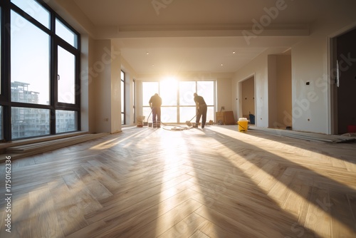 Two workers install wooden flooring in a bright, spacious room with large windows. Sunlight streams in, creating long shadows on the floor.