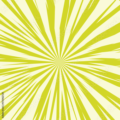 Pop art radial colorful comics book magazine cover. Striped green digital background. Cartoon funny retro pattern strip mock up. Vector halftone illustration. Sunburst, starburst shape.