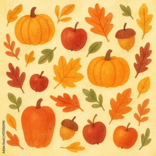 Autumn pattern with pumpkins, acorns, apples, and fall leaves in warm rustic tones. Perfect for textile design, wrapping paper, or seasonal decor projects.