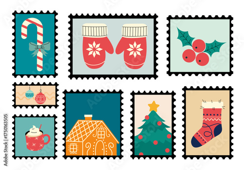set of stamps with christmas tree