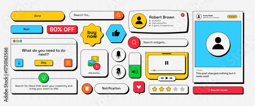 Set of colorful neobrutalist interface elements for websites and mobile apps. Includes buttons, widgets, popups, rating stars, and input fields in bold modern style.