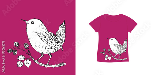 T-shirt with bird pattern. Women jersey, sport uniform kit, short fashion top, round neck blouse. Sketch Illustration. Template mock up.