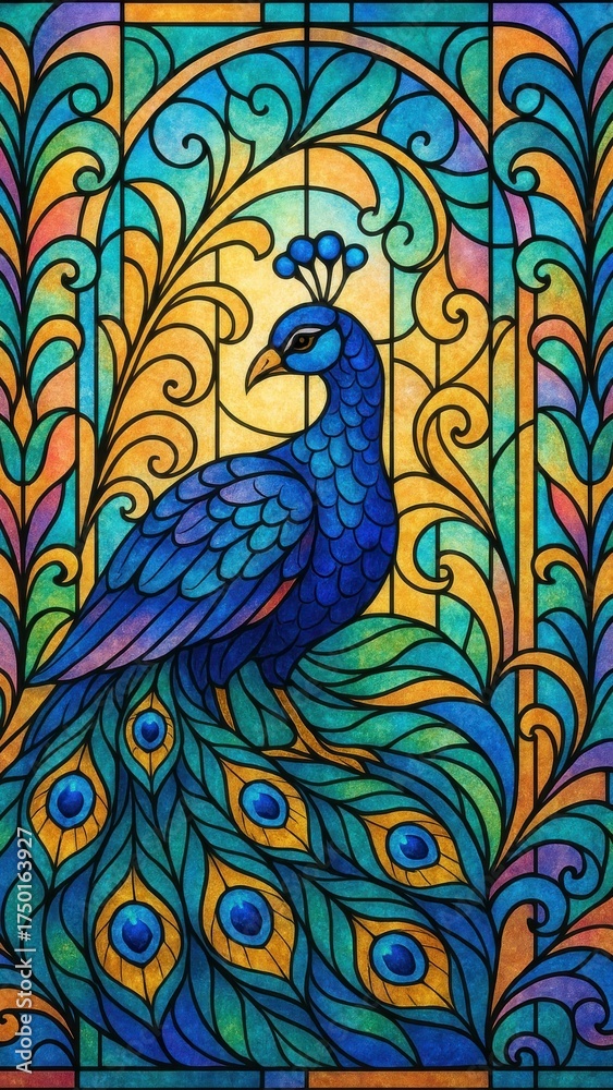 Fototapeta premium Vibrant peacock stained glass mobile wallpaper