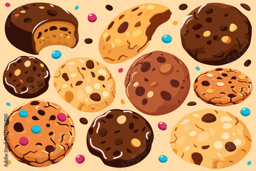Vector set of various rounded cookies and candies
