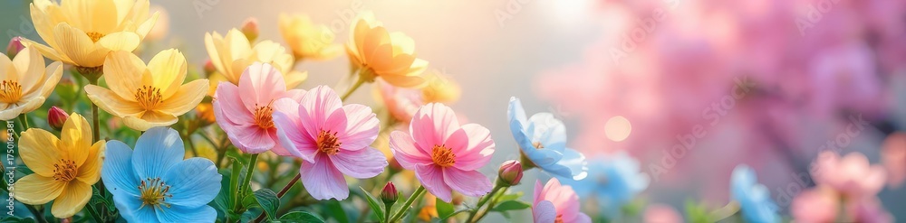 Fototapeta premium Vibrant spring blossoms in a profusion of pastel pinks, yellows, and blues A breathtaking display of color and new life, perfect for springtime themes , spring, nature