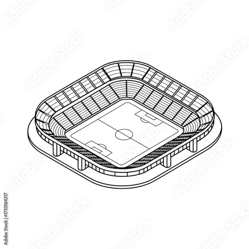 Detailed black and white line drawing of a modern sports stadium isometric view