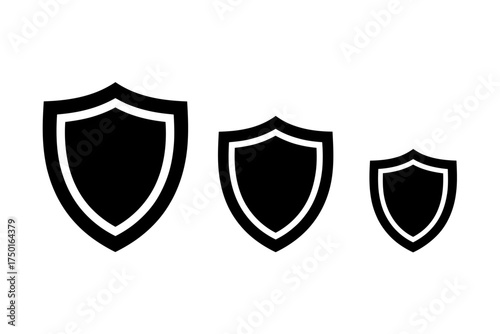 Minimalist black and white shield icons representing security safety and protection in varying sizes