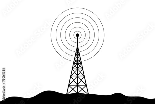 Communication tower broadcasting signals across a textured landscape