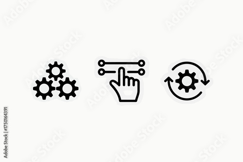 Minimalist icon set three gears hand cursor and rotating gears for settings and process