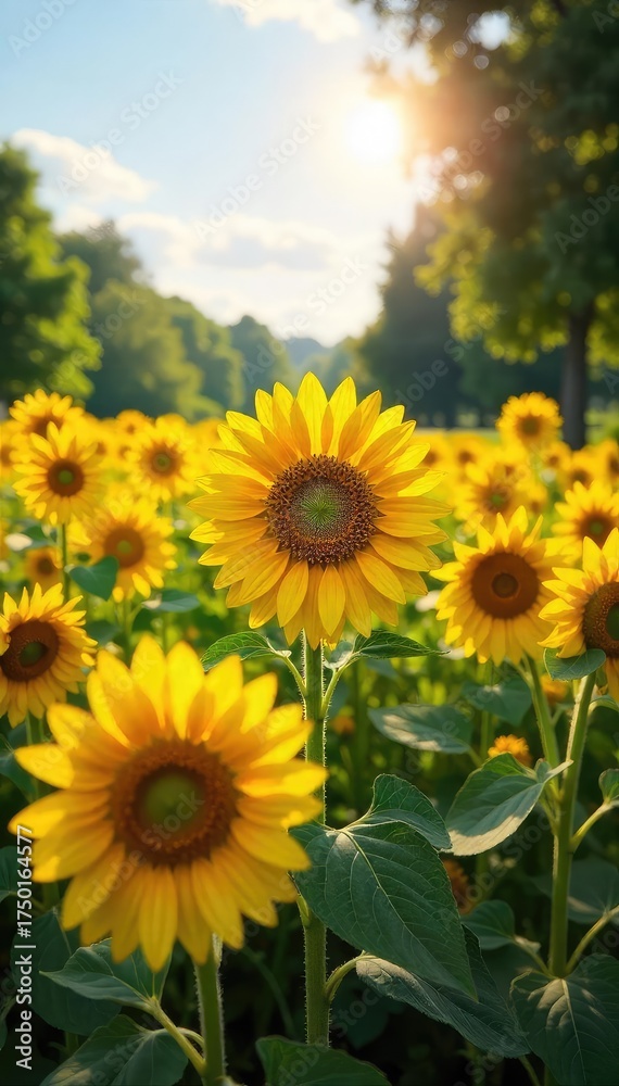 Obraz premium Vibrant sunflowers in full bloom dominate a sprawling park landscape, bathed in golden sunlight A picturesque scene of natural beauty and summer joy , garden, cheerful, relaxation