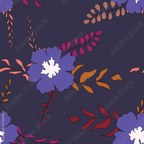 Seamless floral pattern based on traditional folk art ornaments. Colorful flowers on color background. Scandinavian style. Sweden nordic style. Vector illustration. Simple minimalistic pattern.