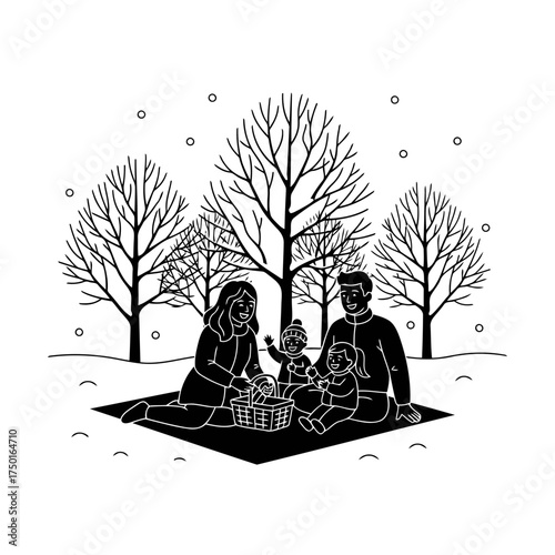 Enjoying winter outdoors vector art of family having picnic in winter in silhouette style