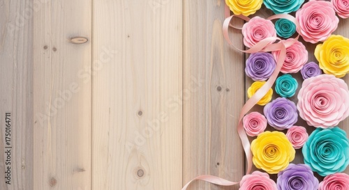Soft pastel paper flowers adorning rustic wooden surface with copy space for text